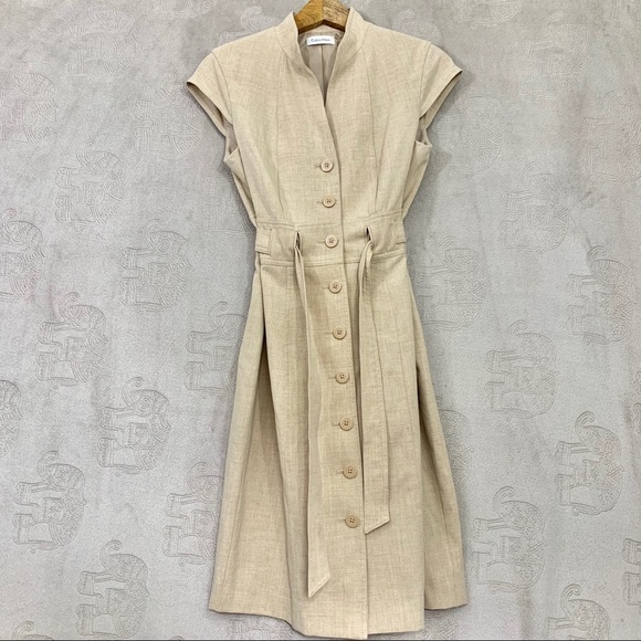 Calvin Klein Dresses & Skirts - Calvin Klein Mandarin Collar Belted Khaki Dress
